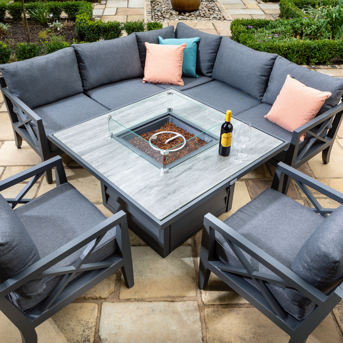 Sorrento Square Casual Dining Set w/ Gas Fire Pit & Lounge Chairs Corner Sofa set in Xerix