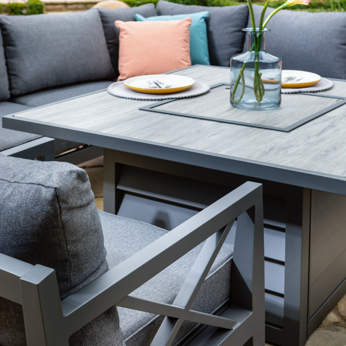 Sorrento Square Casual Dining Set w/ Gas Fire Pit & Lounge Chairs Corner Sofa set in Xerix