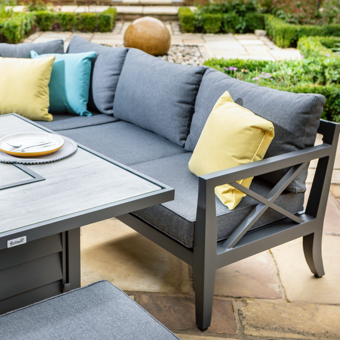 Sorrento Square Casual Dining Set w/ Gas Fire Pit & Lounge Chairs Corner Sofa set in Xerix