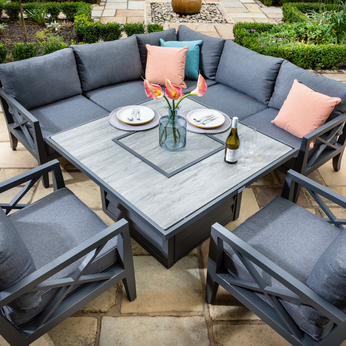 Sorrento Square Casual Dining Set w/ Gas Fire Pit & Lounge Chairs Corner Sofa set in Xerix