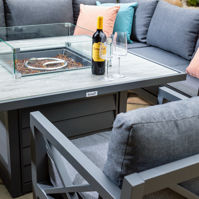 Sorrento Square Casual Dining Set w/ Gas Fire Pit & Lounge Chairs Corner Sofa set in Xerix
